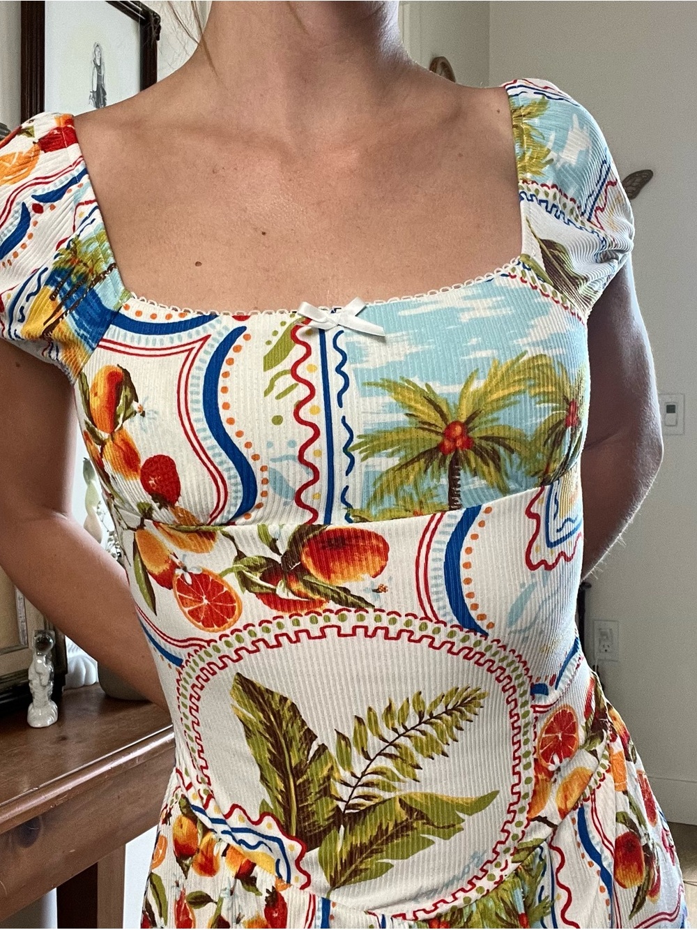 Playa Tropical Print Puff-Sleeve Mini Dress - White Multi